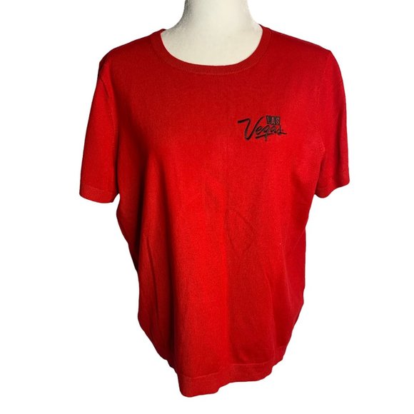 Lands End Embroidered Short Sleeve Sweater XL Red Las Vegas Knit Round Neck - Picture 1 of 7